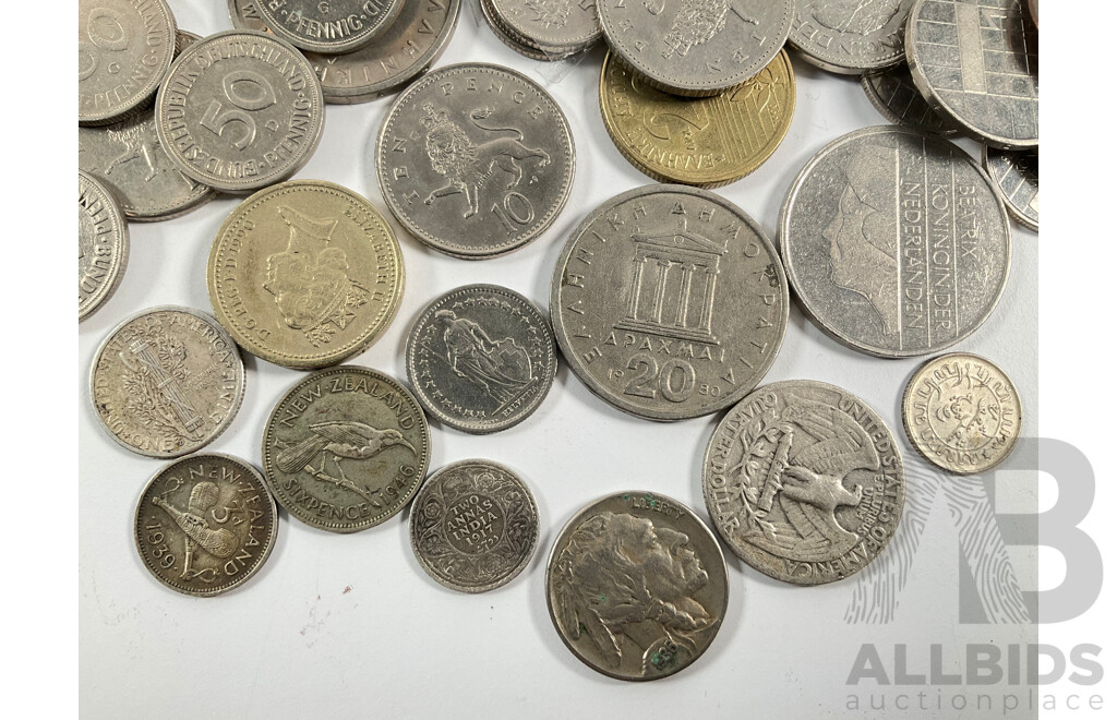 Collection of International Vintage Coins Including Silver USA 1944 Quarter, 1941 Dime, New Zealand 1939 Threepence, India 1917 Two Annas, 1891 Sarawak One Cent, UK, France, Netherlands, PNG, Greece and More - Approximately 775 Grams