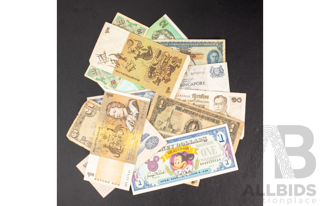 Collection of Vintage Banknotes Including Australian 1985 Two Dollars, Johnston/Fraser, 1981 One Dollars, Johnston/Stone, WW2 Japanese Occupation Notes and USA Milatary Payment Certificate...................