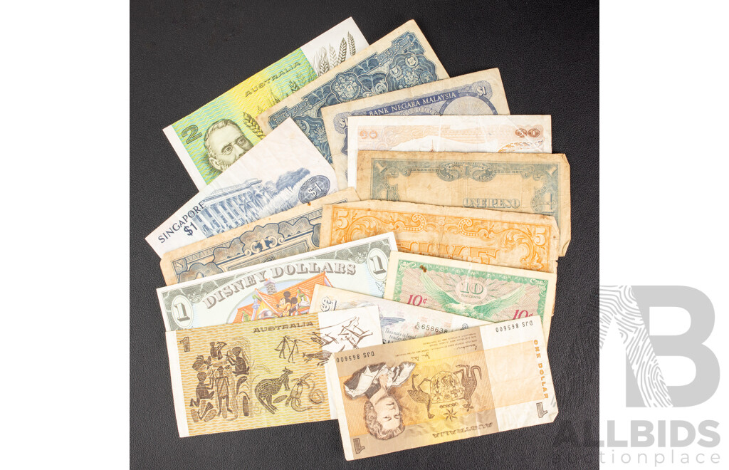 Collection of Vintage Banknotes Including Australian 1985 Two Dollars, Johnston/Fraser, 1981 One Dollars, Johnston/Stone, WW2 Japanese Occupation Notes and USA Milatary Payment Certificate...................