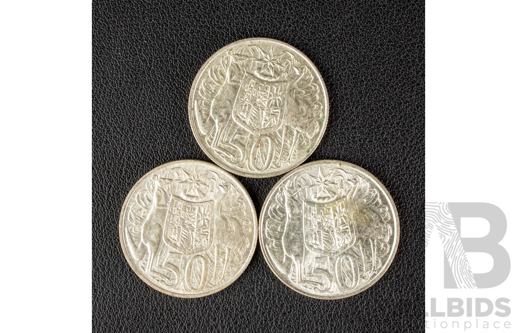 Three Australian 1966 Round Silver Fifty Cent Coins .800
