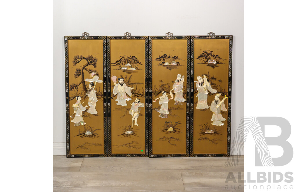 Set of Four Inlaid Chinese Wall Panels with Mother of Pearl