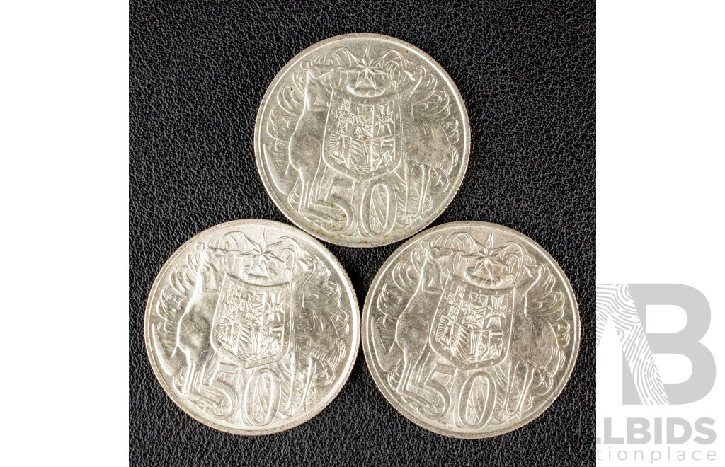 Three Australian 1966 Round Silver Fifty Cent Coins .800