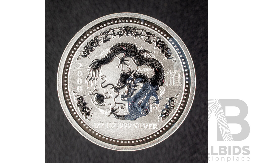 Australian Perth Mint 2000 Silver Fifty Cent Coin, Lunar Series I, Year of the Dragon .999