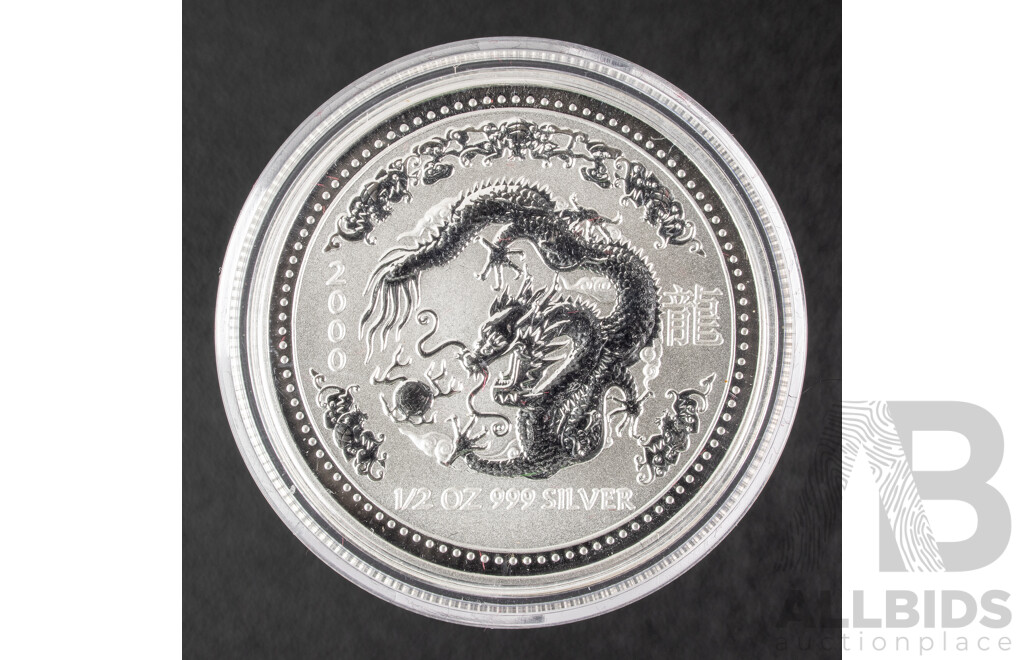 Australian Perth Mint 2000 Silver Fifty Cent Coin, Lunar Series I, Year of the Dragon .999