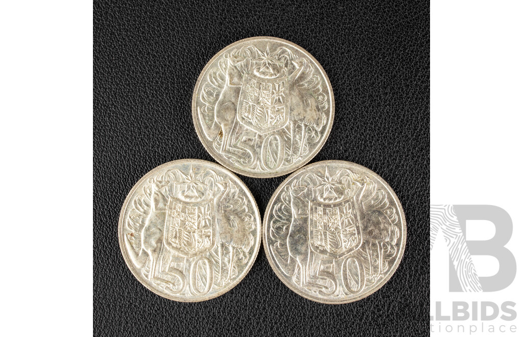 Three Australian 1966 Round Silver Fifty Cent Coins .800