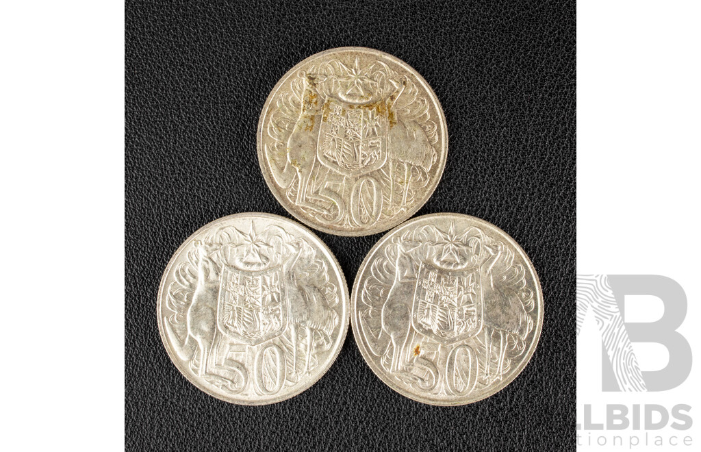 Three Australian 1966 Round Silver Fifty Cent Coins .800