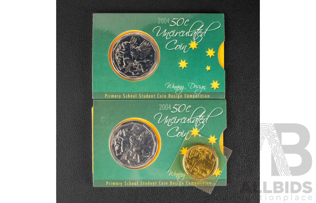 Two Australian 2004 UNC Fifty Cent Coins, Student Coin Design and 1984 UNC One Dollar Coin, First Year Issue