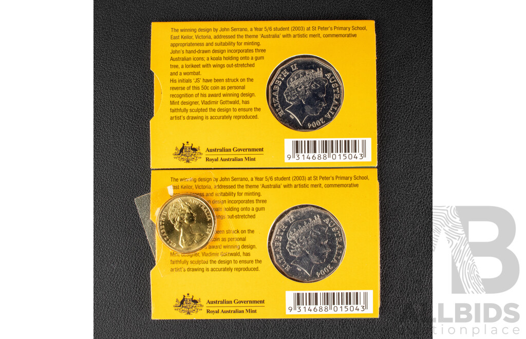 Two Australian 2004 UNC Fifty Cent Coins, Student Coin Design and 1984 UNC One Dollar Coin, First Year Issue