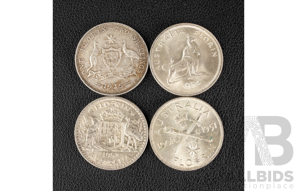 Four Australian Silver Florins Including 1925, 1951 Federation, 1954 Royal Visit, 1957