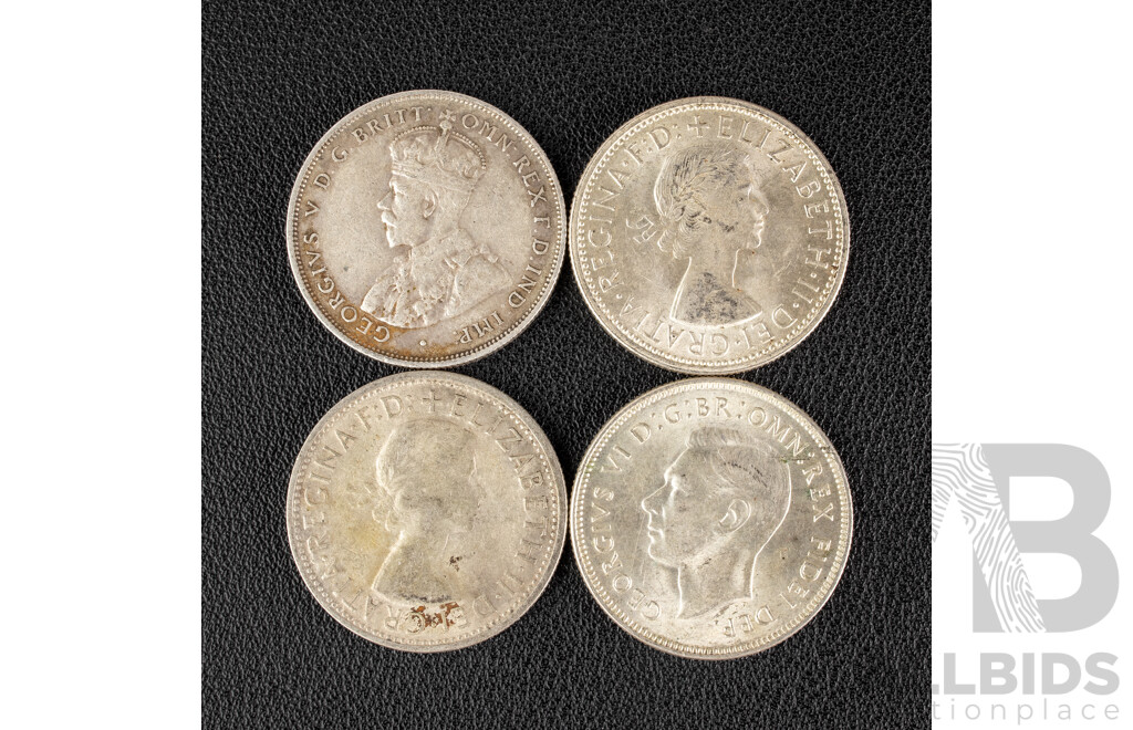 Four Australian Silver Florins Including 1925, 1951 Federation, 1954 Royal Visit, 1957