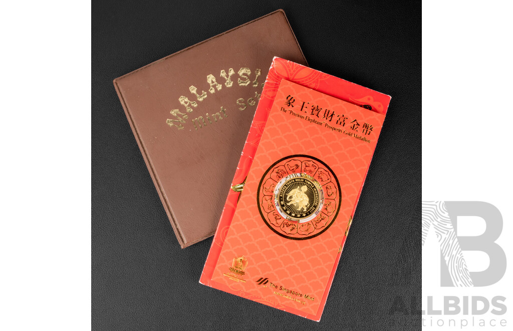 Singapore 2011 Gold Plated Precious Elephant Medallion and Singapore Six Coin Mint Set