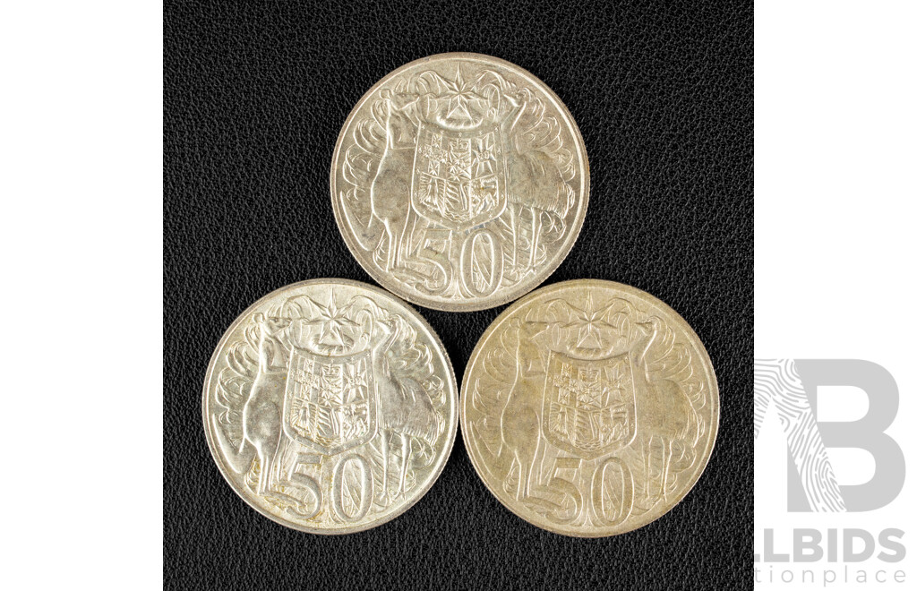 Three Australian 1966 Round Silver Fifty Cent Coins .800