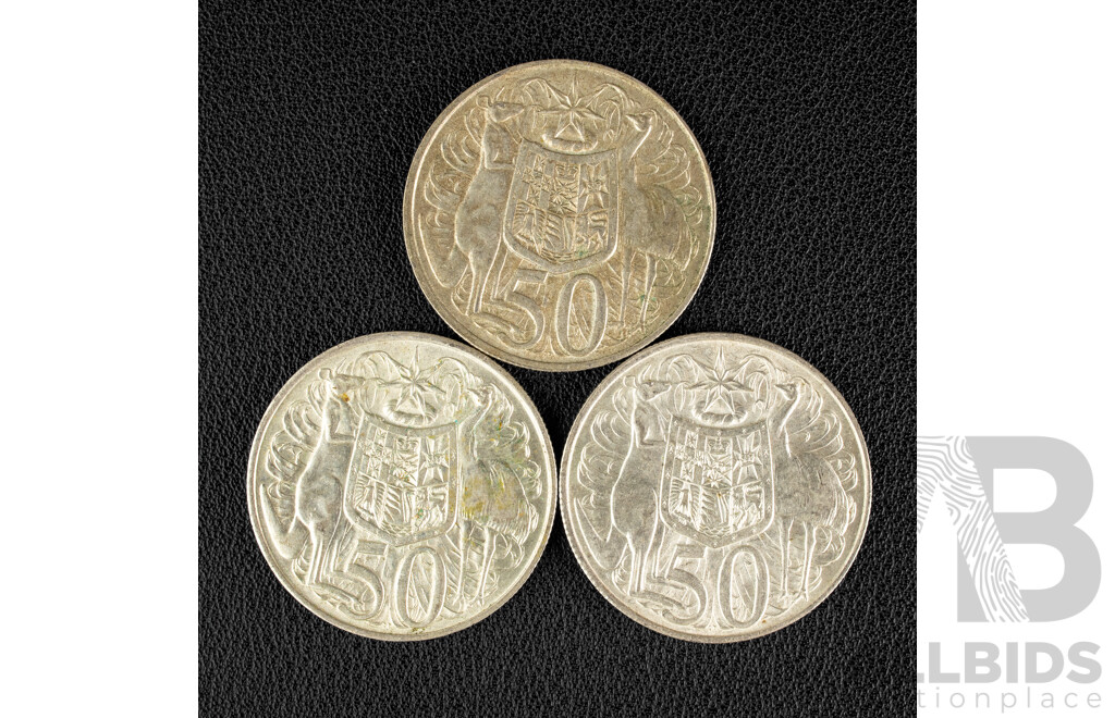 Three Australian 1966 Round Silver Fifty Cent Coins .800