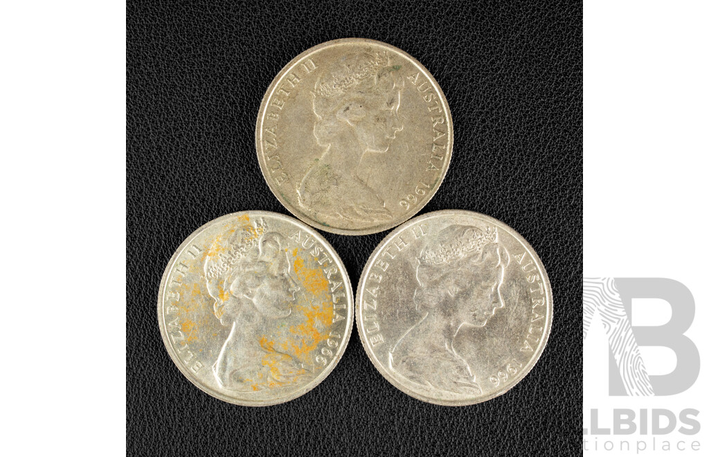 Three Australian 1966 Round Silver Fifty Cent Coins .800