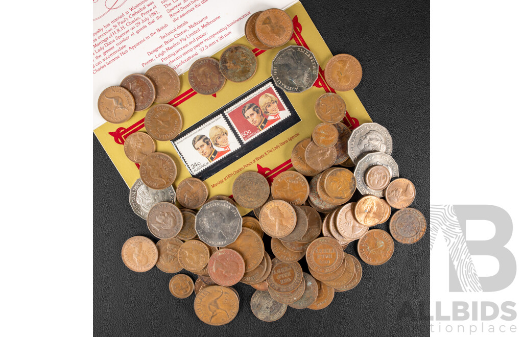Collection of Australian Half Pennies Spanning 1914 to 1963, One and Two Cent Coins Spanning 1966 to 1980's, 1981 Charles and Diana Stamp Pack and Fifty Cent Coins, 1982 Commonwealth Games Fifty Cents