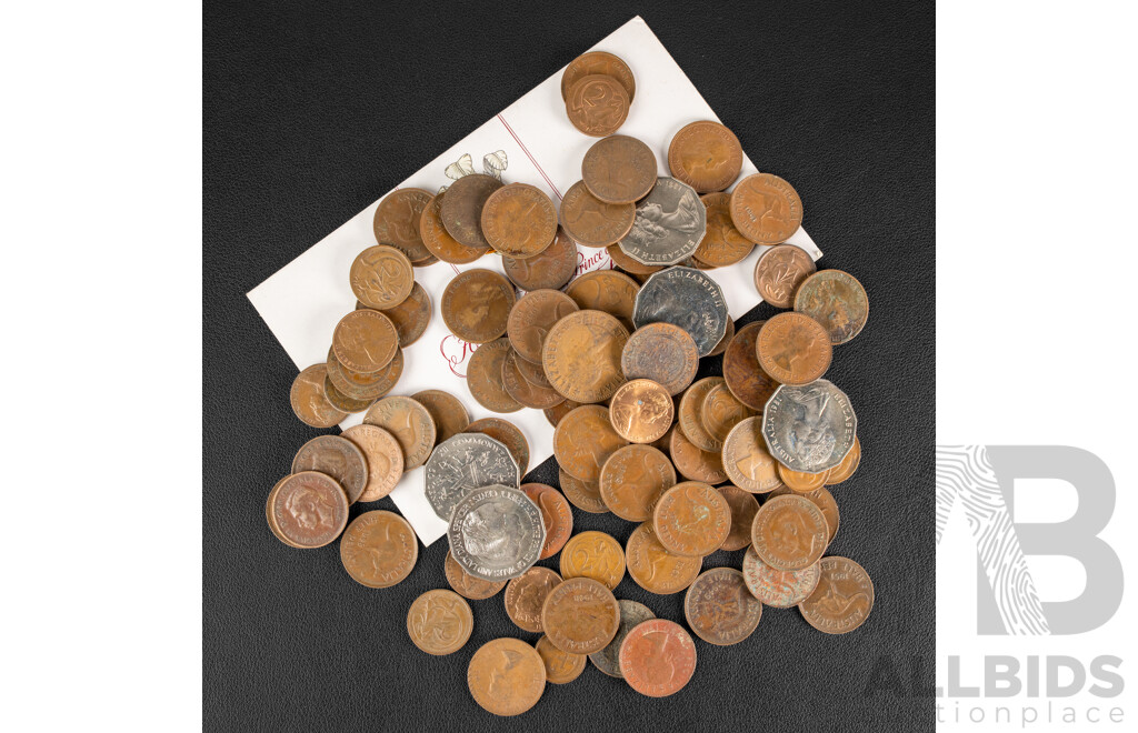 Collection of Australian Half Pennies Spanning 1914 to 1963, One and Two Cent Coins Spanning 1966 to 1980's, 1981 Charles and Diana Stamp Pack and Fifty Cent Coins, 1982 Commonwealth Games Fifty Cents