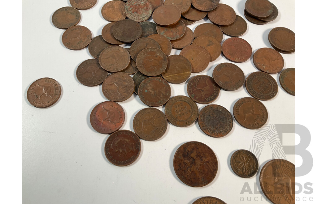 Collection of Australian Half Pennies Spanning 1914 to 1963, One and Two Cent Coins Spanning 1966 to 1980's, 1981 Charles and Diana Stamp Pack and Fifty Cent Coins, 1982 Commonwealth Games Fifty Cents