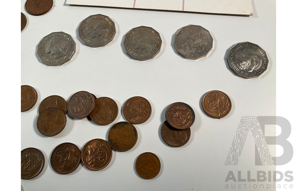 Collection of Australian Half Pennies Spanning 1914 to 1963, One and Two Cent Coins Spanning 1966 to 1980's, 1981 Charles and Diana Stamp Pack and Fifty Cent Coins, 1982 Commonwealth Games Fifty Cents