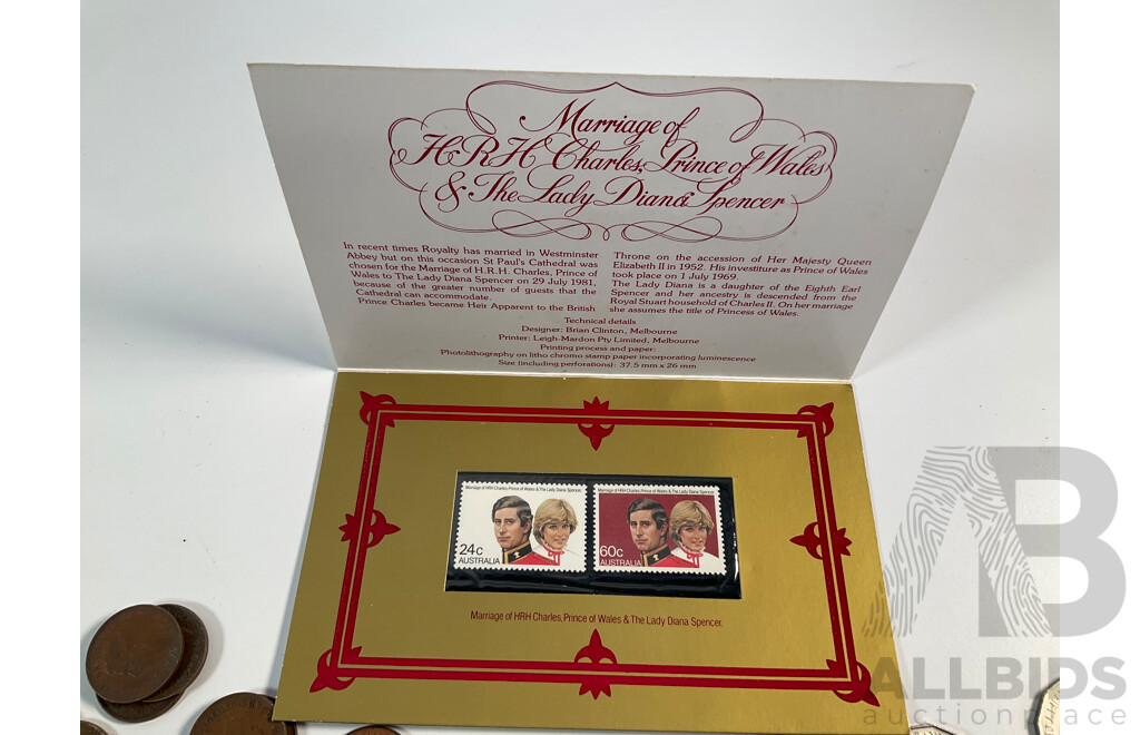 Collection of Australian Half Pennies Spanning 1914 to 1963, One and Two Cent Coins Spanning 1966 to 1980's, 1981 Charles and Diana Stamp Pack and Fifty Cent Coins, 1982 Commonwealth Games Fifty Cents