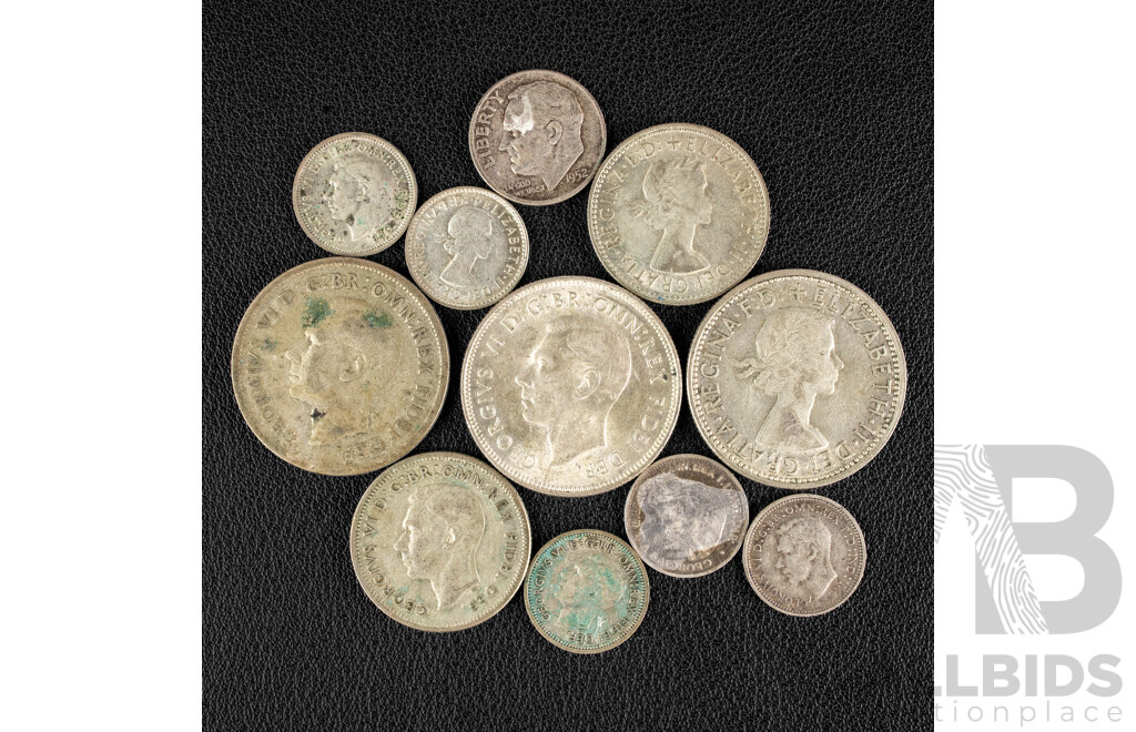 Collection of Australian Silver Predecimal Coins Including 1951(2) 1960 Florins, 1952, 1963 Shillings, 1921M, 1941, 1951(2), 1961 Threepence, USA 1952 Silver Dime