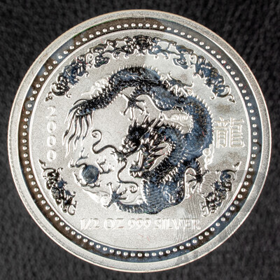 Australian Perth Mint 2000 Silver Fifty Cent Coin, Lunar Series I, Year of the Dragon .999