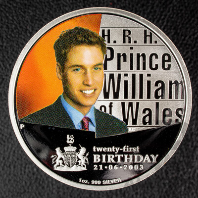 Australian Perth Mint 2003 Coloured Silver One Dollar Coin, H.R.H Prince William of Wales 21st Birthday .999