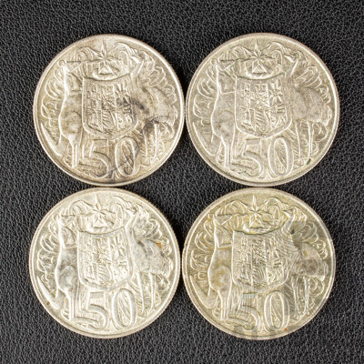 Four Australian 1966 Round Silver Fifty Cent Coins .800