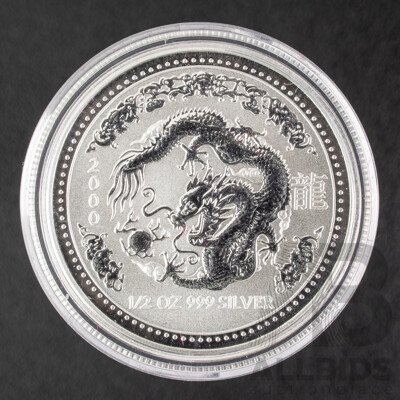 Australian Perth Mint 2000 Silver Fifty Cent Coin, Lunar Series I, Year of the Dragon .999