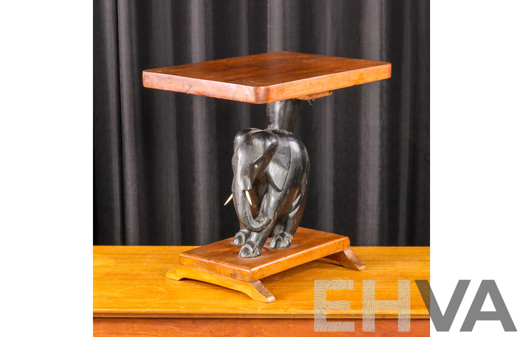 Carved Elephant Side Table with Bone Tusks and Eyes