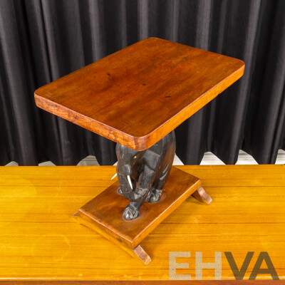 Carved Elephant Side Table with Bone Tusks and Eyes
