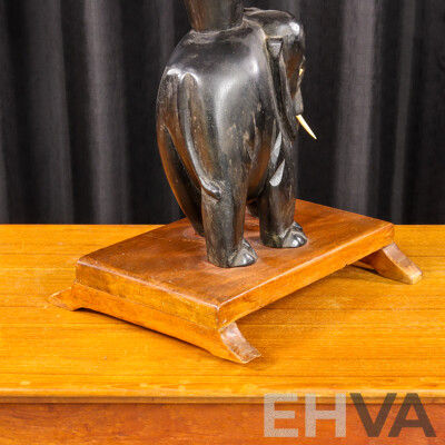 Carved Elephant Side Table with Bone Tusks and Eyes
