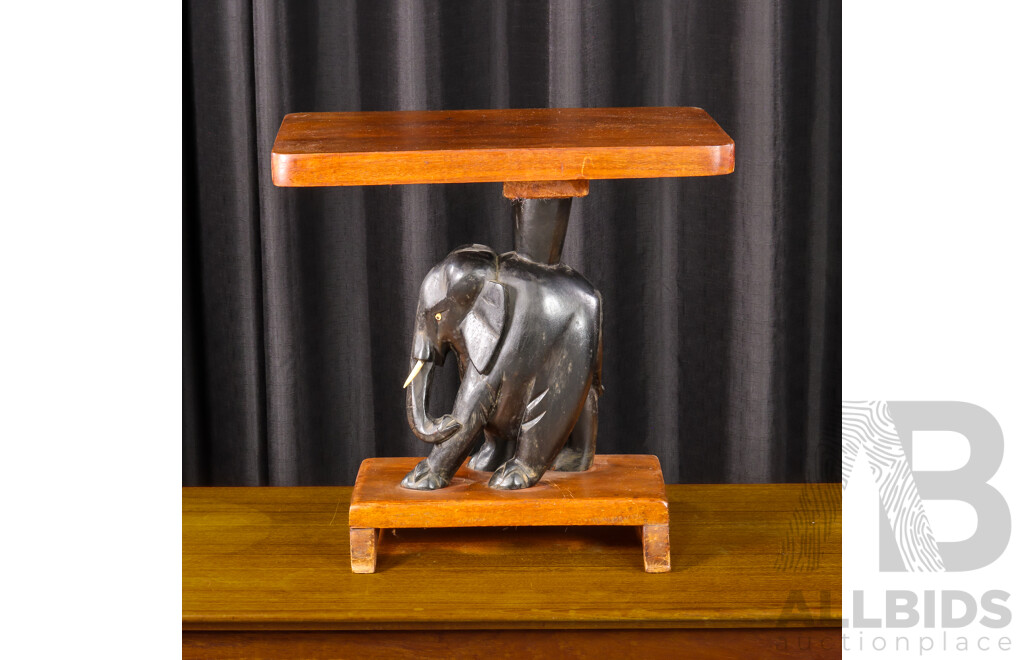 Carved Elephant Side Table with Bone Tusks and Eyes