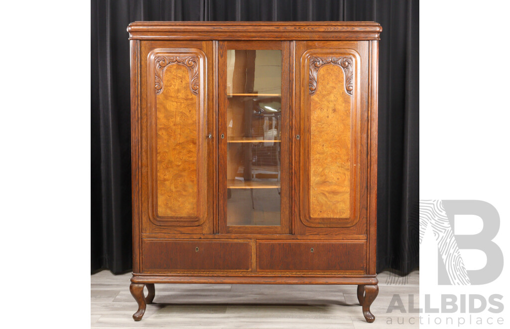 Art Deco Oak Bookcase with Burr Walnut Panel Doors