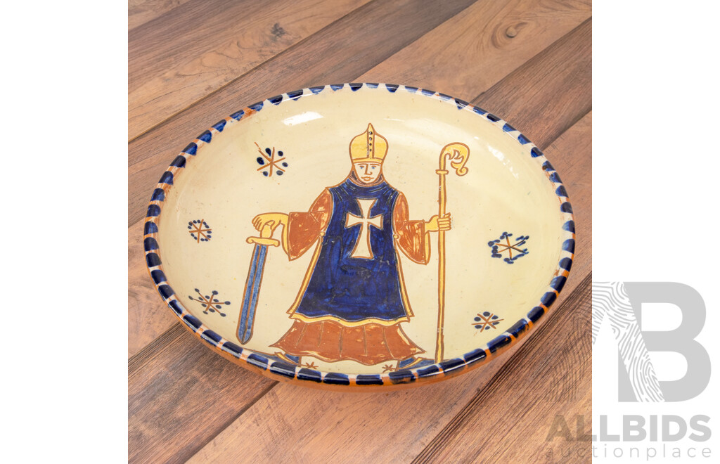 Large Glazed Ceramic Dish with Hand Painted Depiction of Archbishop Absalon