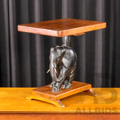 Carved Elephant Side Table with Bone Tusks and Eyes