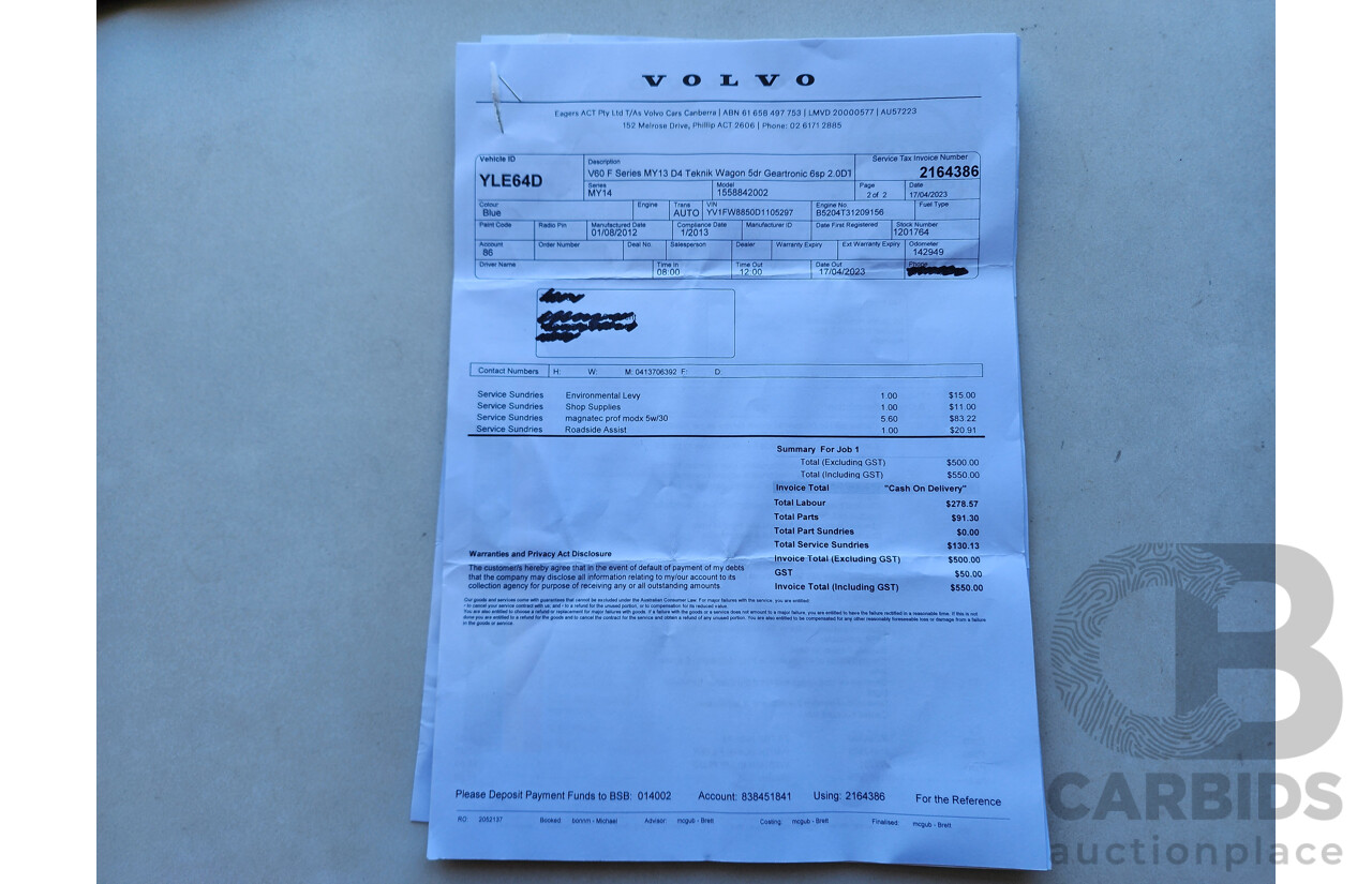 1/2013 Volvo V60 D3 Teknik F MY12 4d Wagon Blue 2.0L