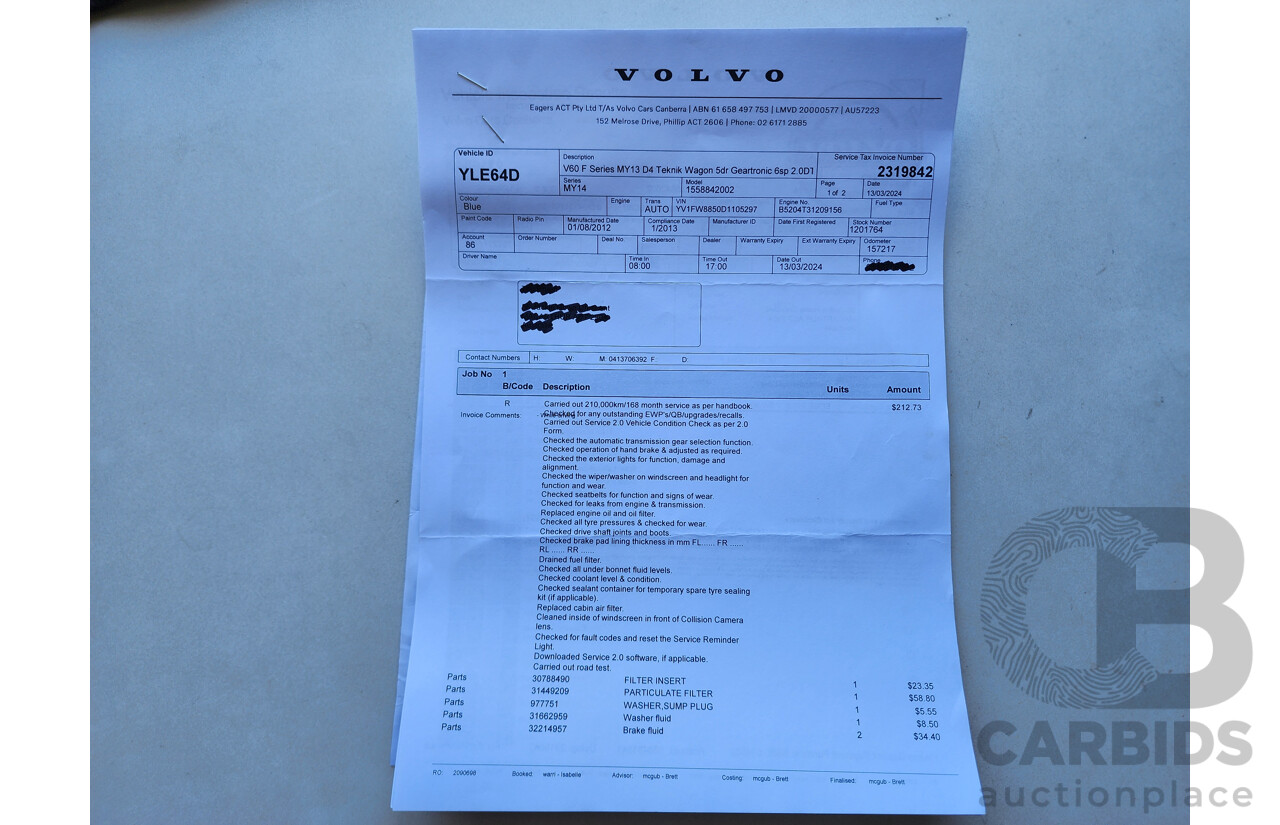 1/2013 Volvo V60 D3 Teknik F MY12 4d Wagon Blue 2.0L