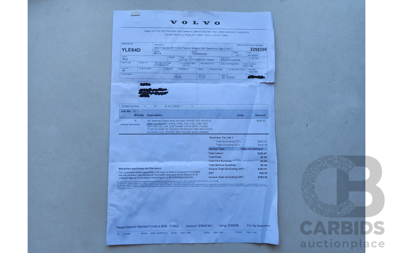 1/2013 Volvo V60 D3 Teknik F MY12 4d Wagon Blue 2.0L