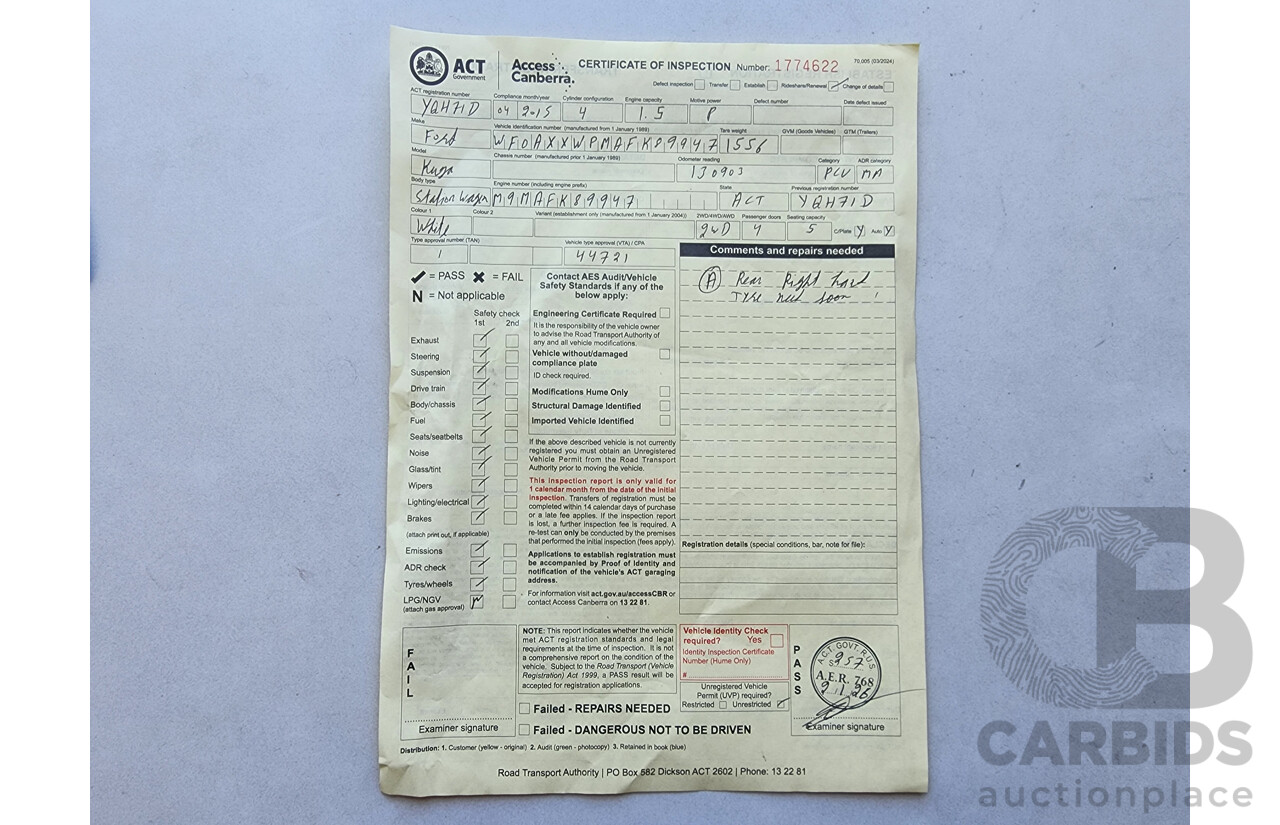 4/2015 Ford Kuga Ambiente (fwd) TF MK 2 4d Wagon White 1.5L