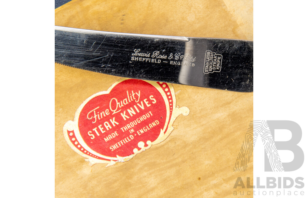 Vintage English Sheffield Antler Handled Steak Knives, Boxed Set of Six