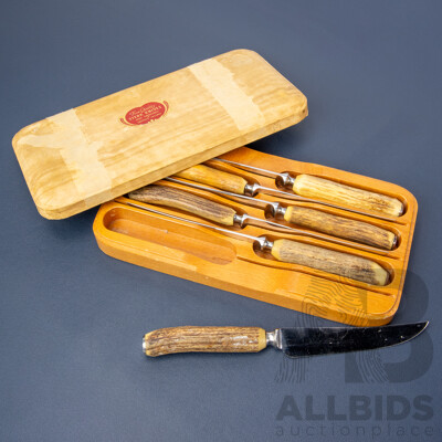 Vintage English Sheffield Antler Handled Steak Knives, Boxed Set of Six
