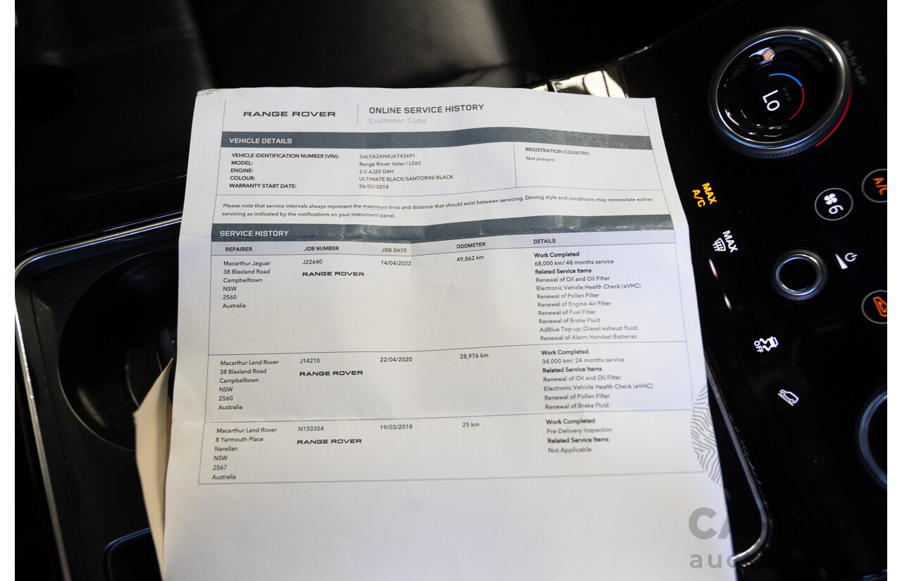 3/2018 Range Rover Velar D240 S (AWD) MY18 4D Wagon Santorini Black Metallic Turbo Diesel 2.0L