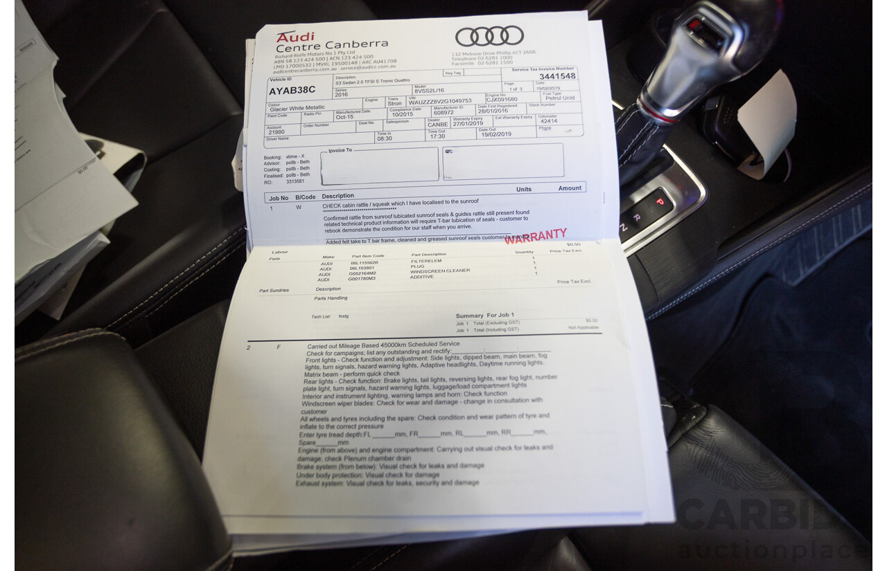 1/2016 Audi S3 2.0 TFSI Quattro (AWD) 8V MY15 4D Sedan Glacier White Turbo 2.0L