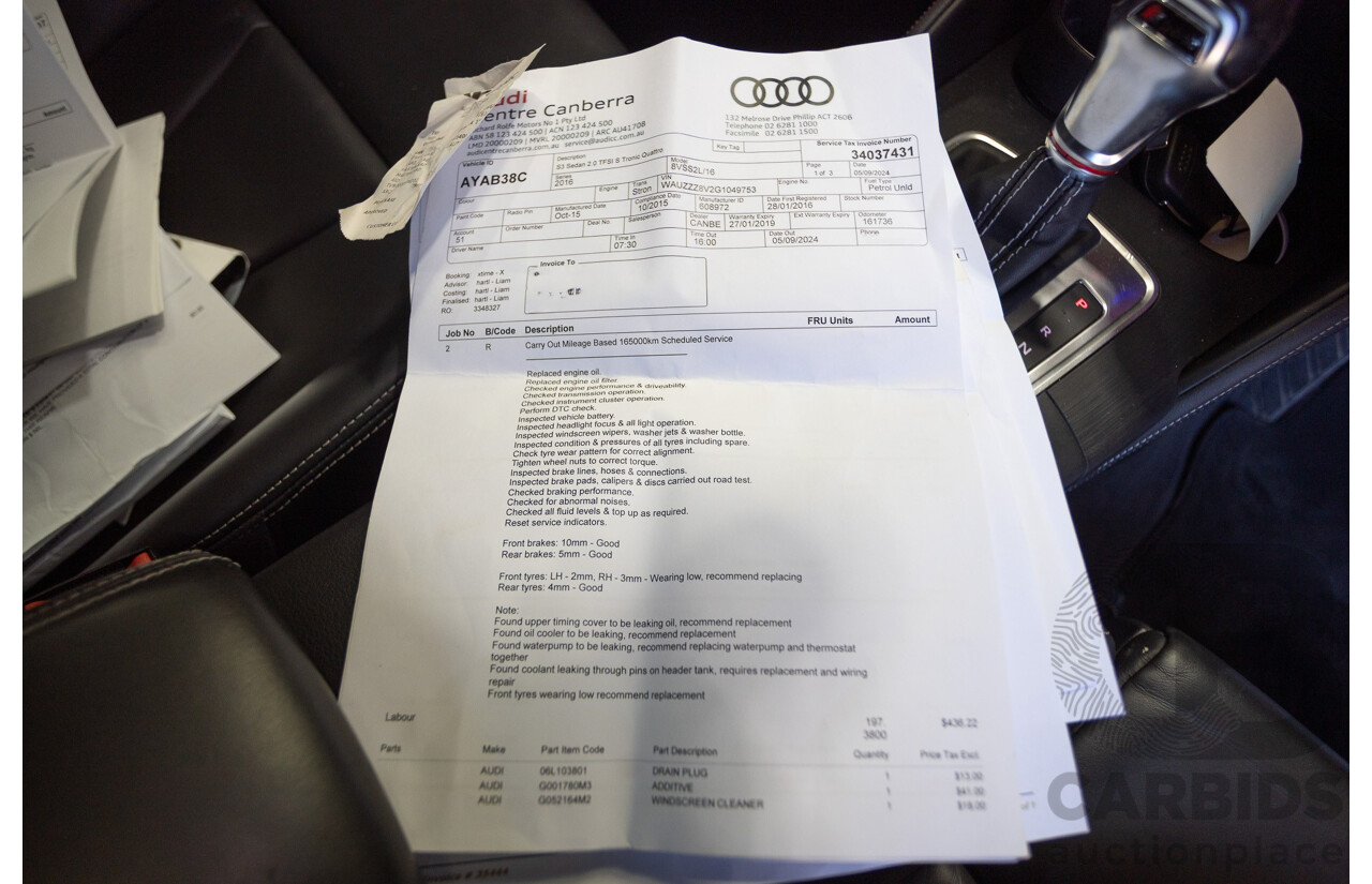 1/2016 Audi S3 2.0 TFSI Quattro (AWD) 8V MY15 4D Sedan Glacier White Turbo 2.0L