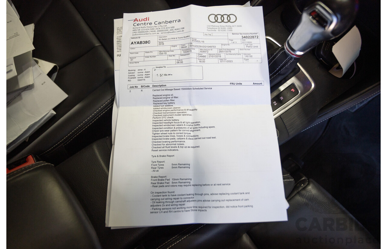 1/2016 Audi S3 2.0 TFSI Quattro (AWD) 8V MY15 4D Sedan Glacier White Turbo 2.0L