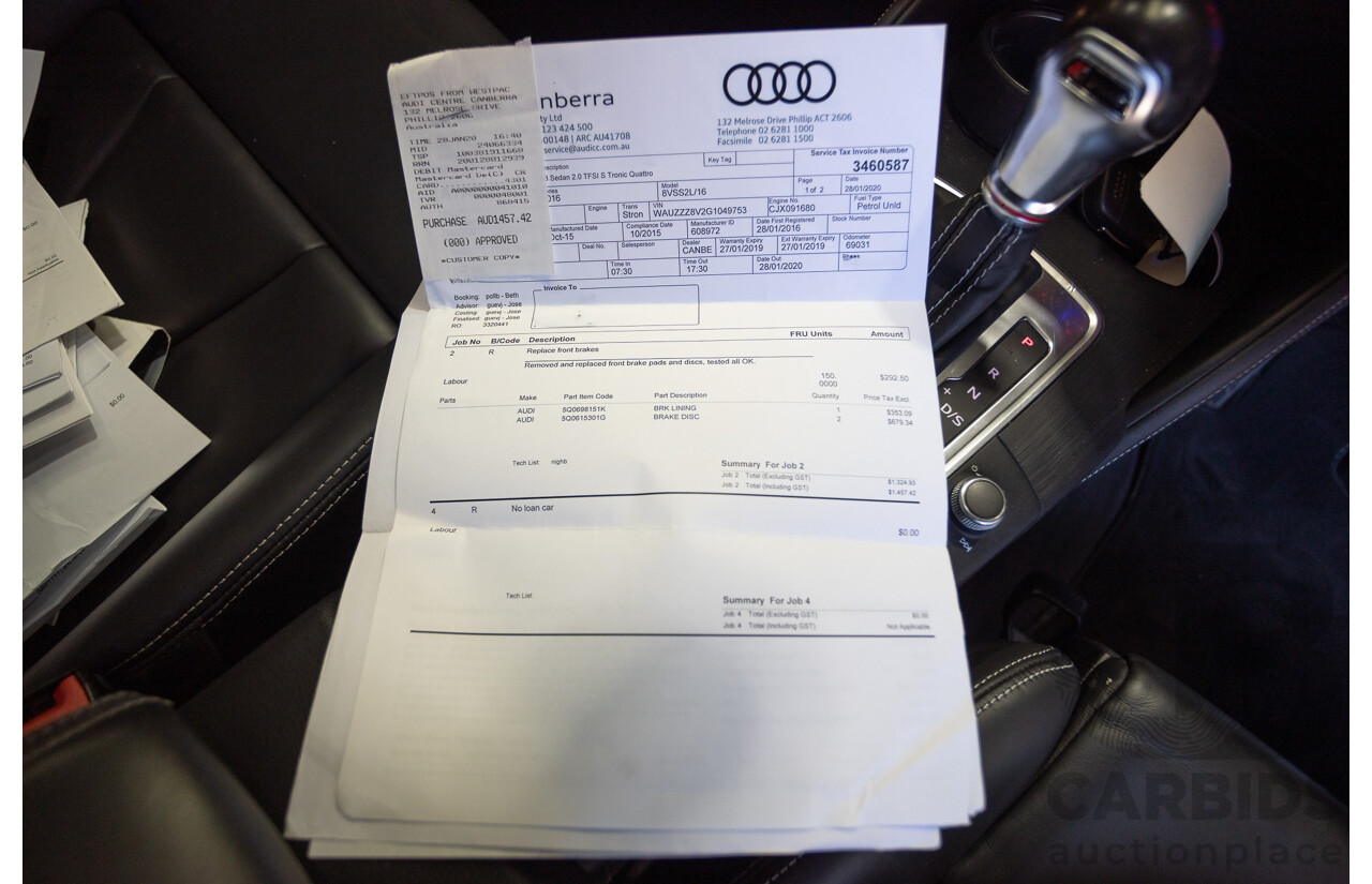 1/2016 Audi S3 2.0 TFSI Quattro (AWD) 8V MY15 4D Sedan Glacier White Turbo 2.0L