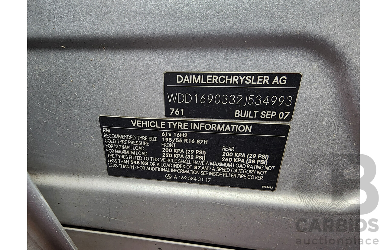 11/2007 Mercedes-Benz A200 Elegance W169 5d Hatchback Silver 2.0L