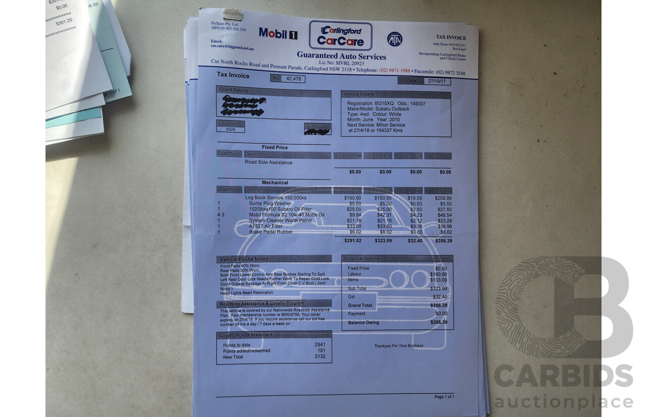 7/2010 Subaru Outback 2.5i MY10 4d Wagon White 2.5L