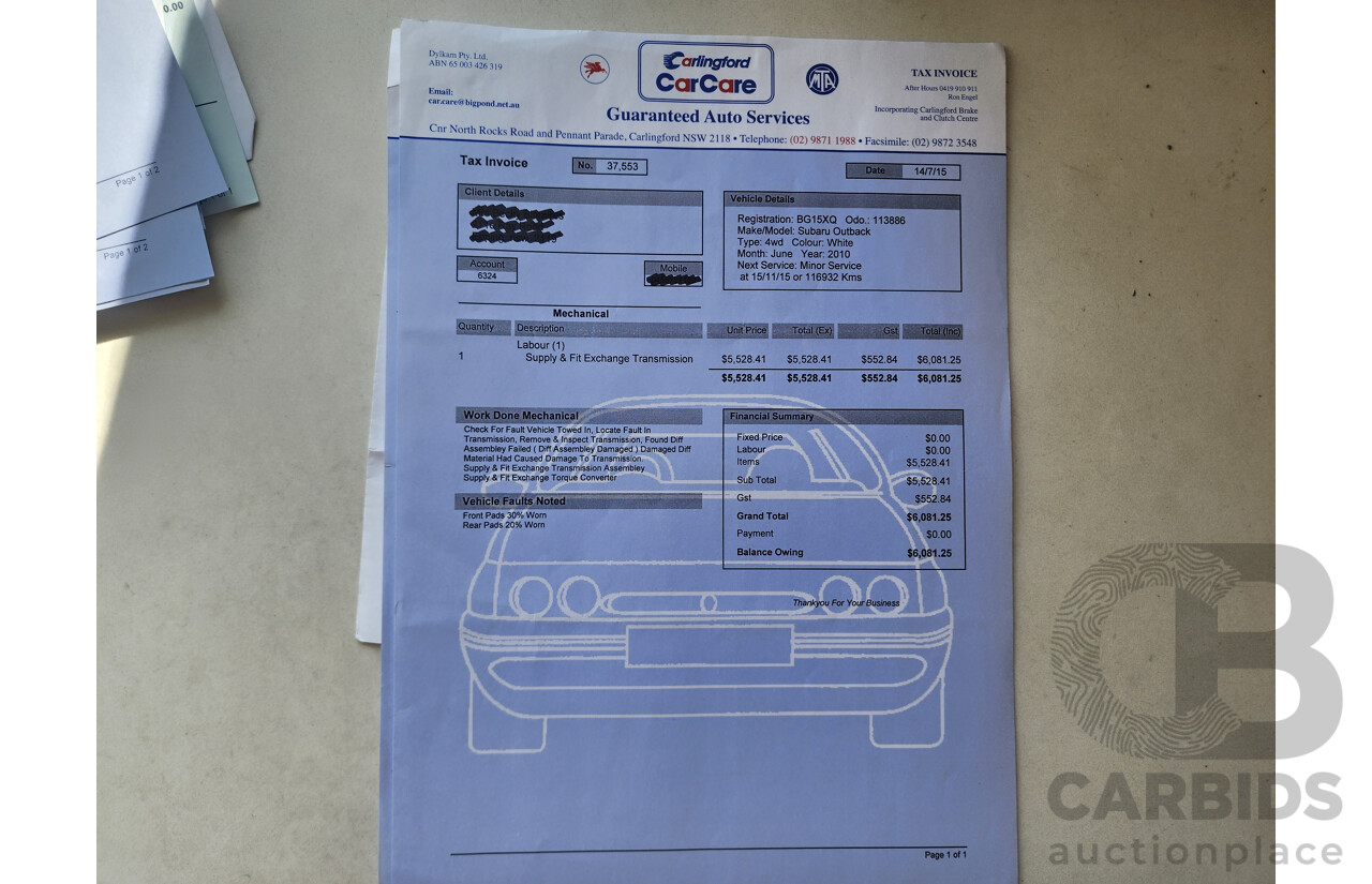 7/2010 Subaru Outback 2.5i MY10 4d Wagon White 2.5L
