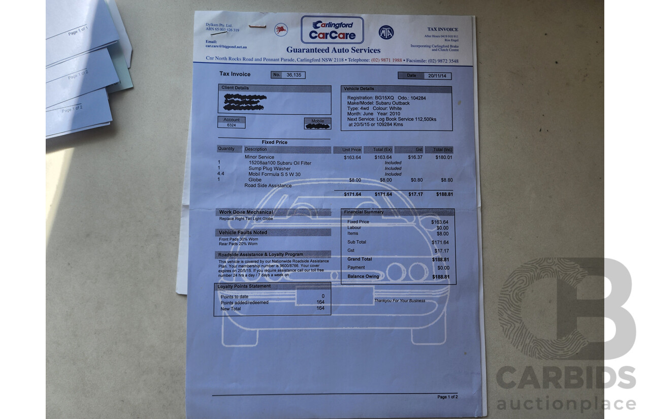 7/2010 Subaru Outback 2.5i MY10 4d Wagon White 2.5L